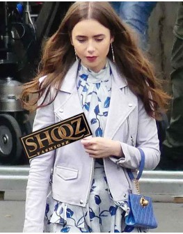 Lily Collins Emily In Paris Emily Cooper White Leather Jacket